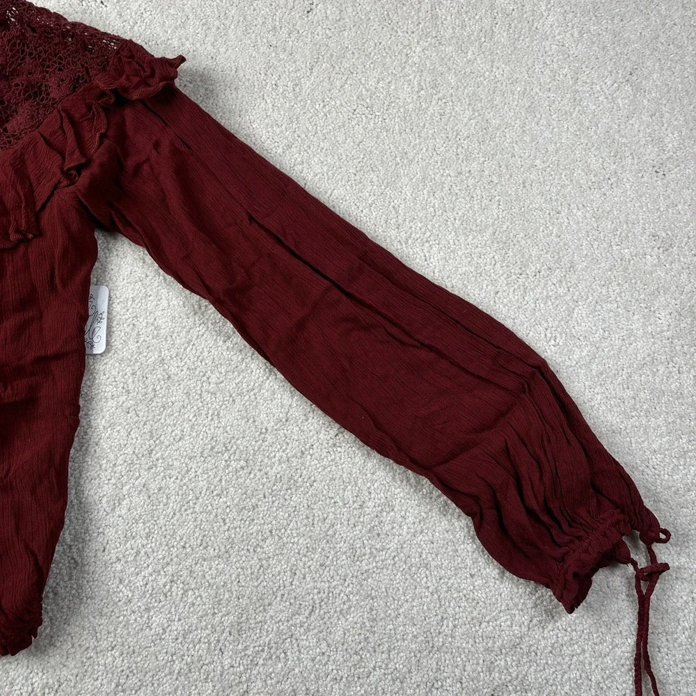 Free People Top Women's Size Small Maroon Lace‎ Open Back Long Sleeve Tie NWT
